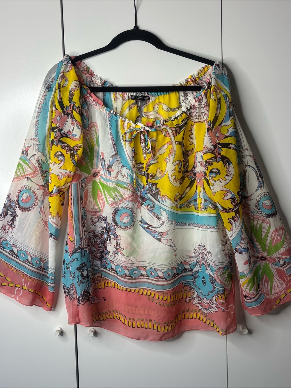 Sheer Off-Shoulder Floral Print Blouse in Yellow, Pink & Blue
